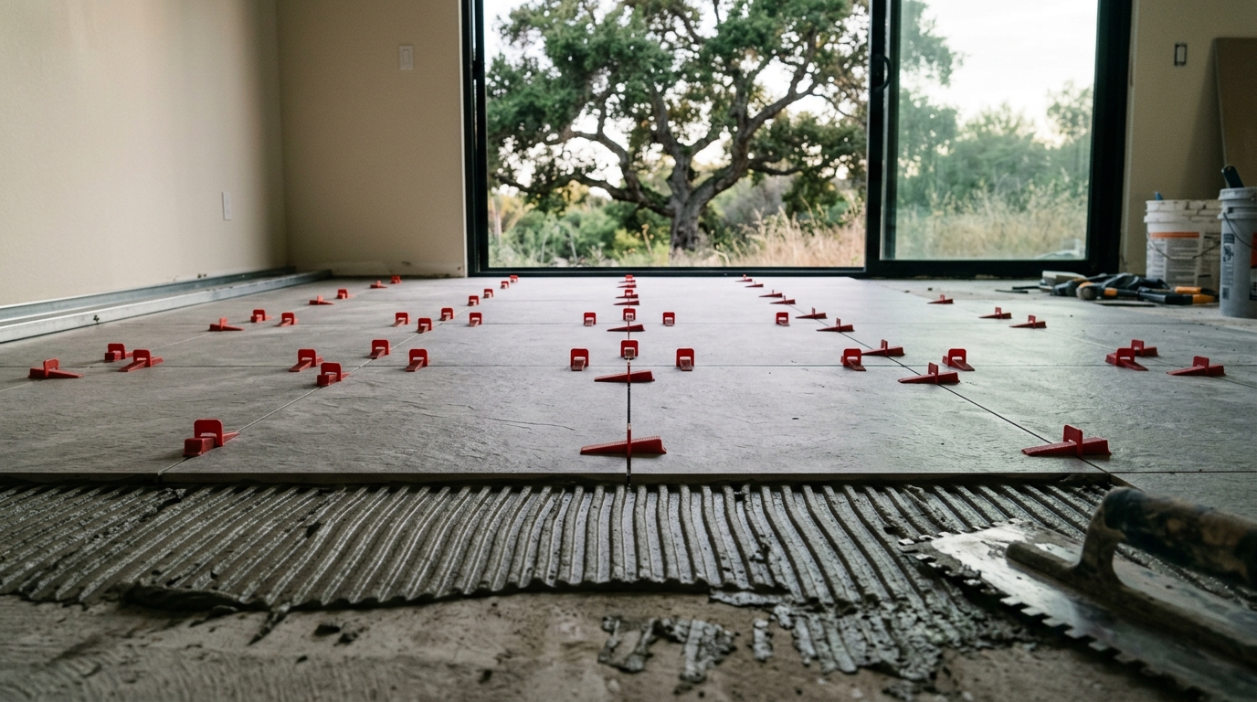 Large-format porcelain floor going down, leveling clips on the joints