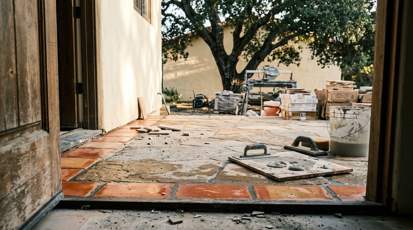 A Saltillo threshold at a patio edge