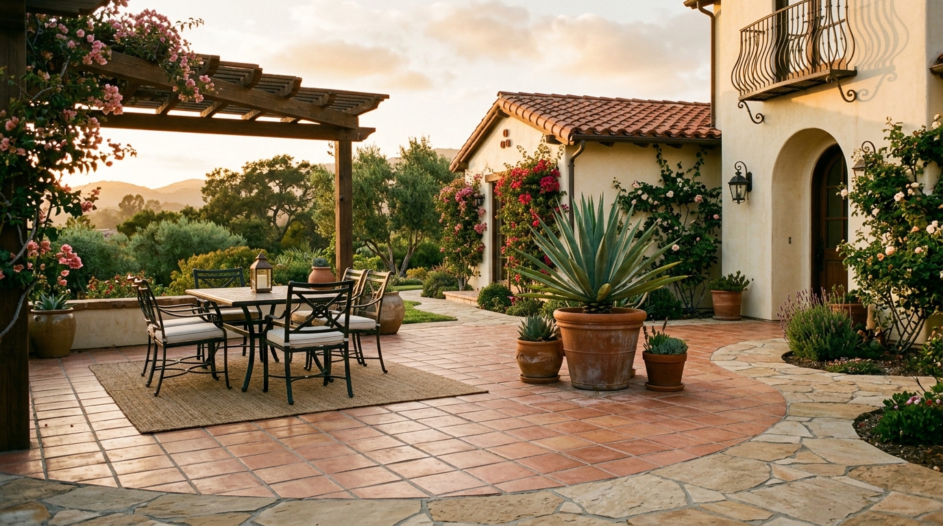 A finished Saltillo patio with a flagstone border outside a Santa Barbara County home