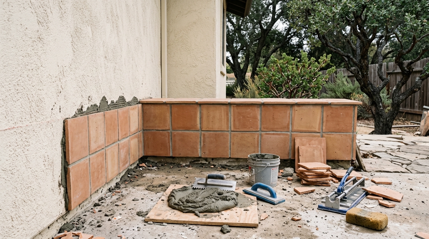 Terracotta bench — Garden wall
